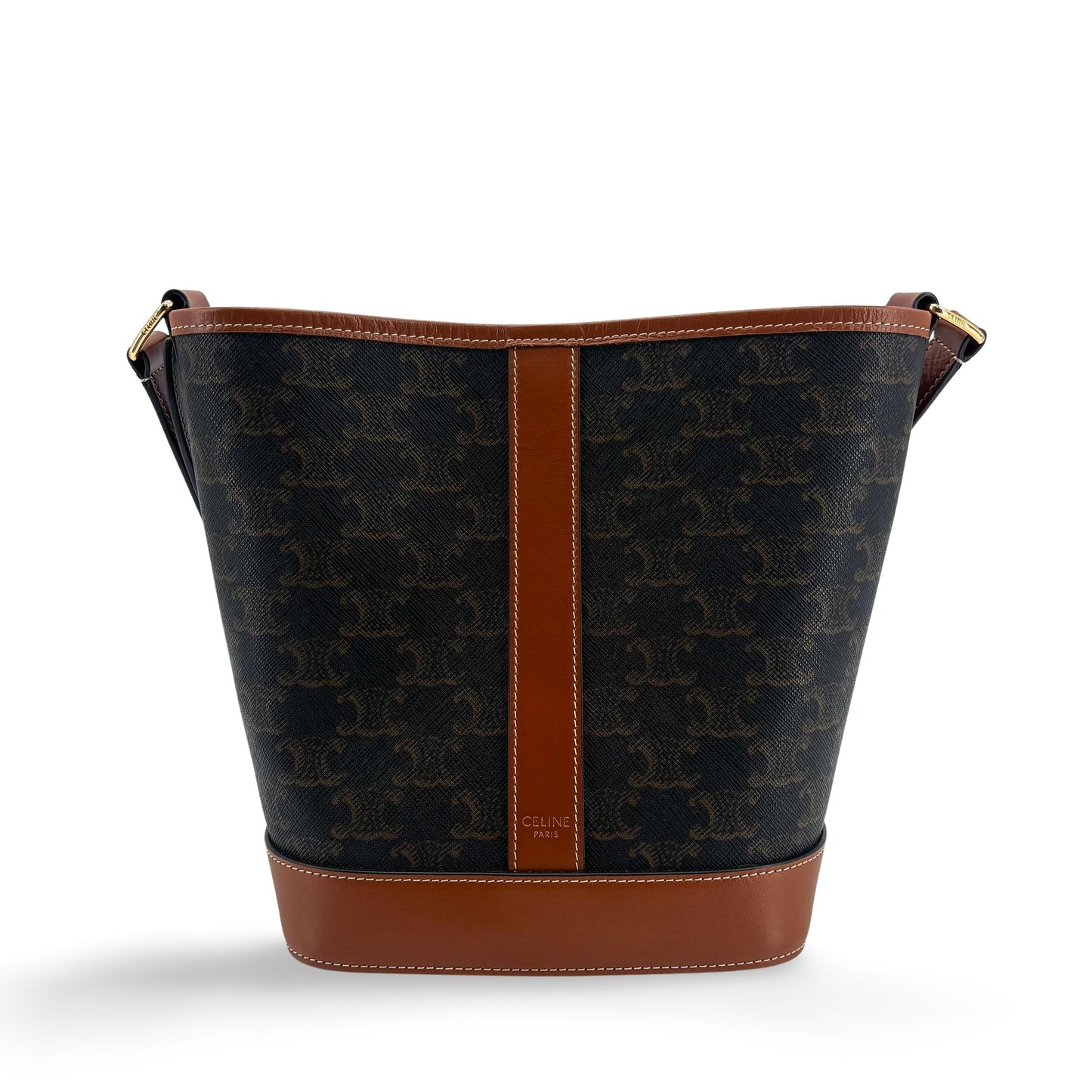 Celine Triomphe Canvas & Calfskin Small Bucket Bag Tan