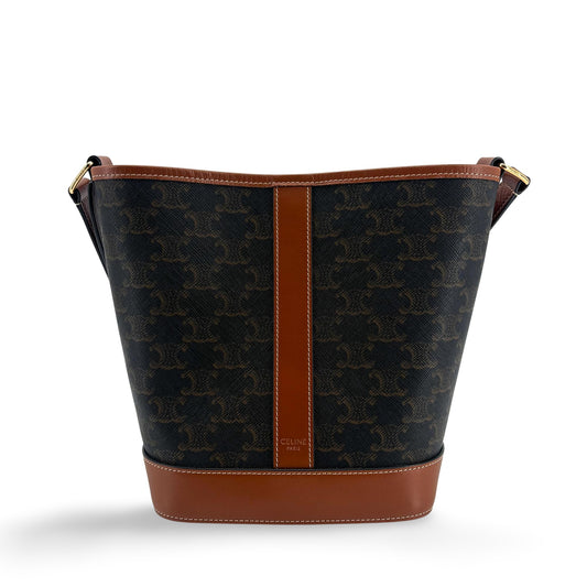 Celine Triomphe Canvas & Calfskin Small Bucket Bag Tan