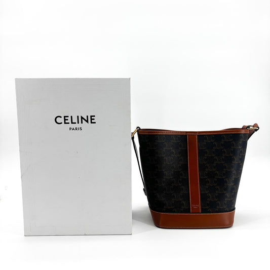 Petit sac seau Celine Triomphe en toile et cuir de veau, coloris Tan