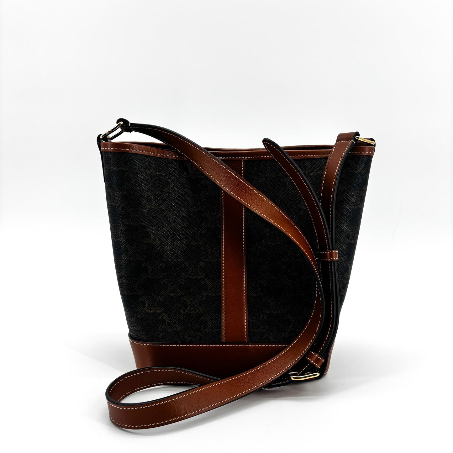 Celine Triomphe Canvas & Calfskin Small Bucket Bag Tan