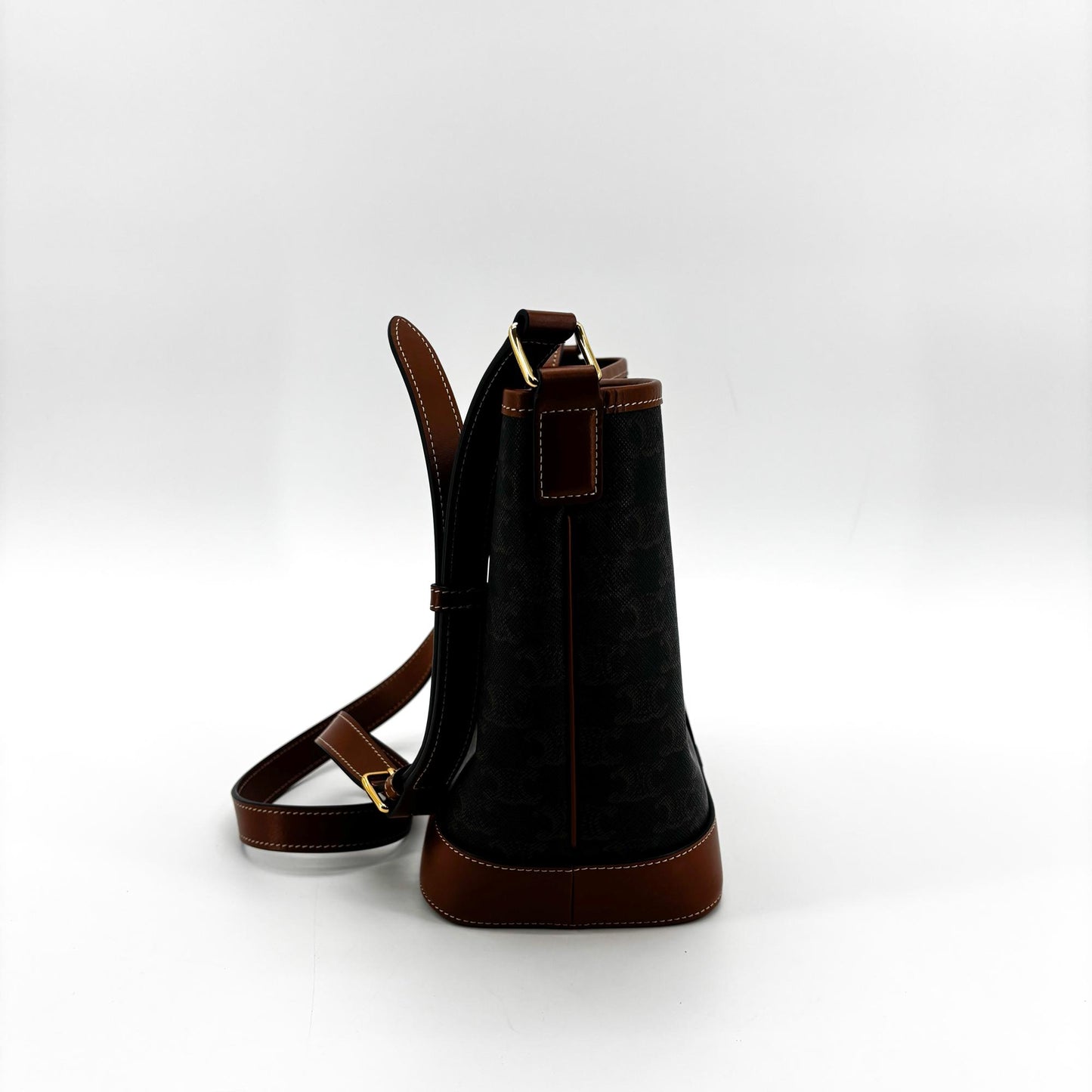 Celine Triomphe Canvas & Calfskin Small Bucket Bag Tan