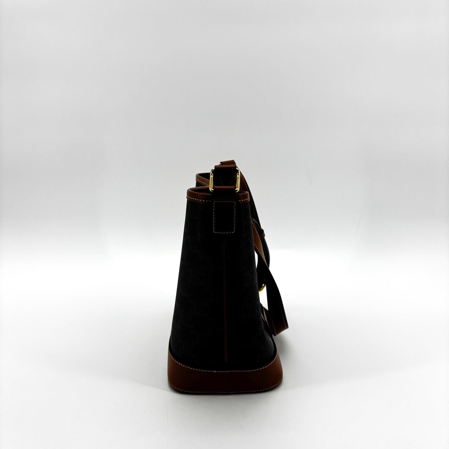 Celine Triomphe Canvas & Calfskin Small Bucket Bag Tan