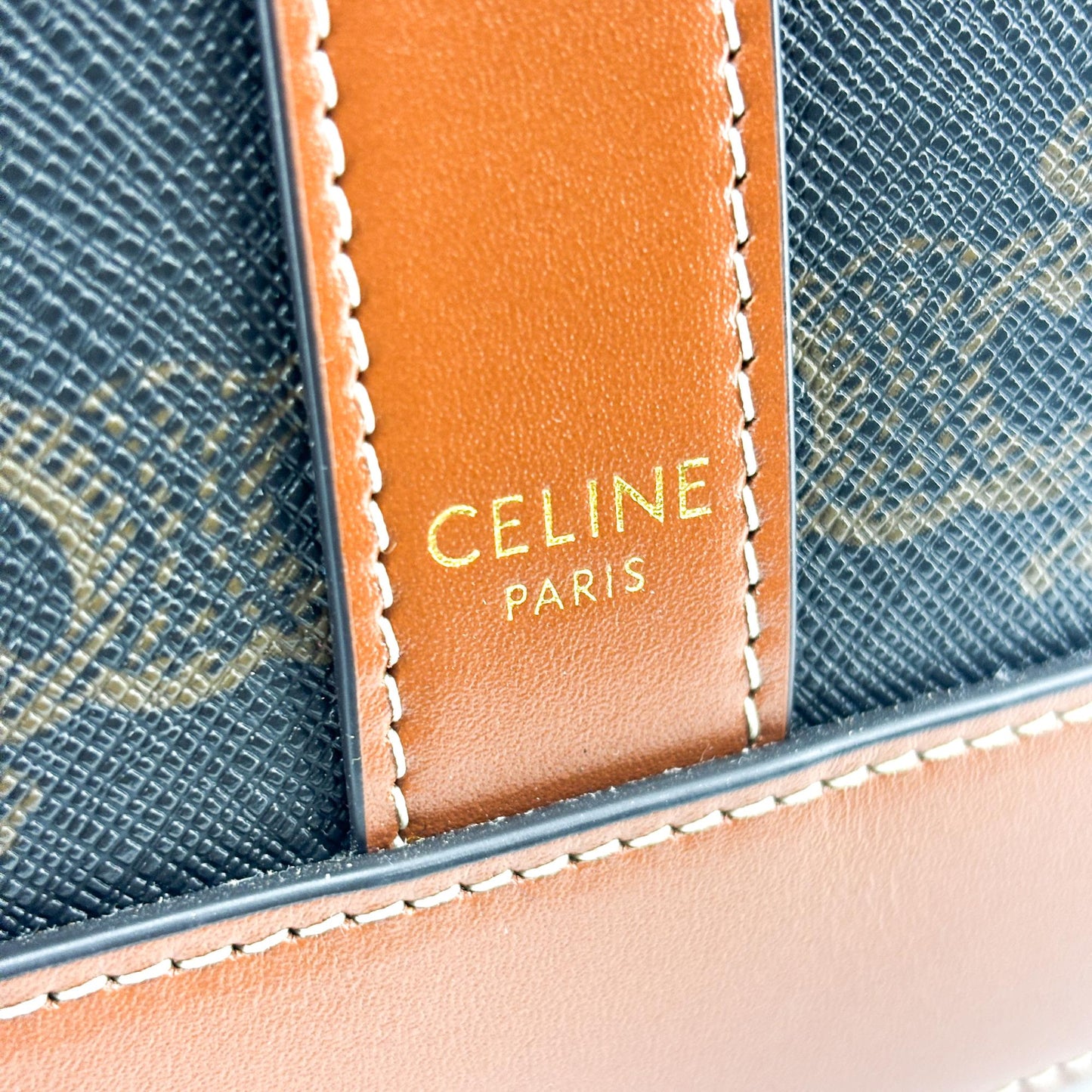 Celine Triomphe Canvas & Calfskin Small Bucket Bag Tan