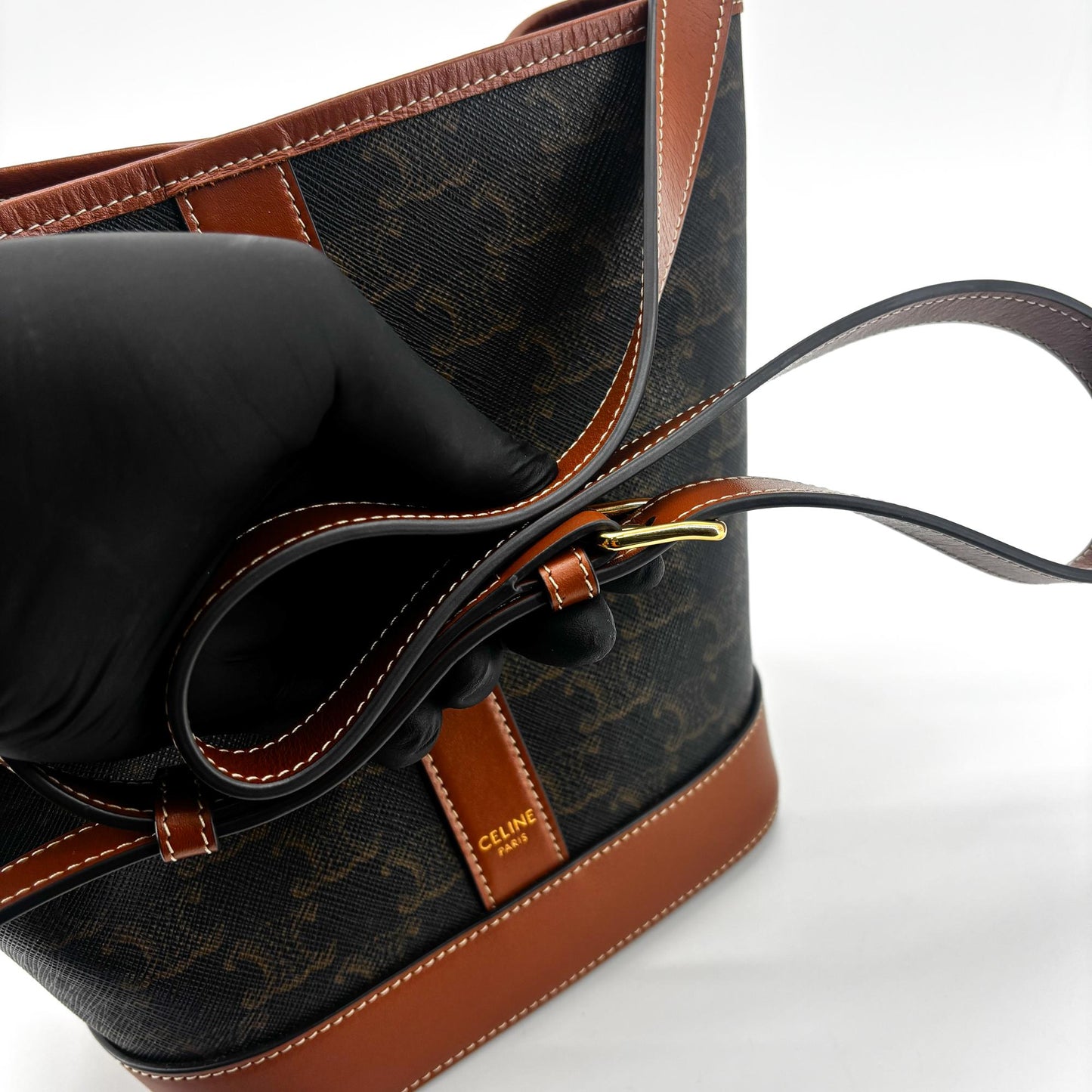 Celine Triomphe Canvas & Calfskin Small Bucket Bag Tan