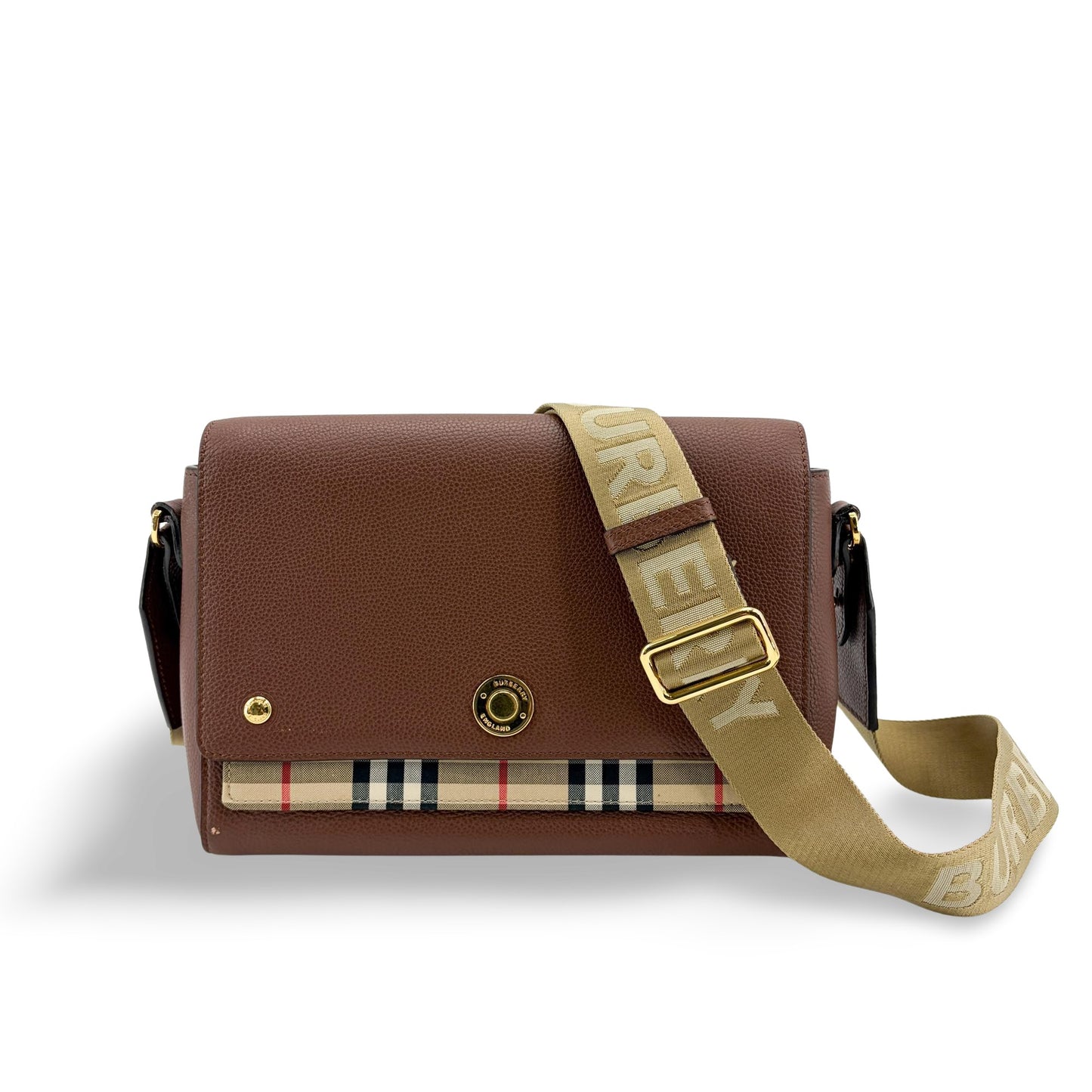 Burberry Small Grainy Leather Vintage Check Note Bag Brown