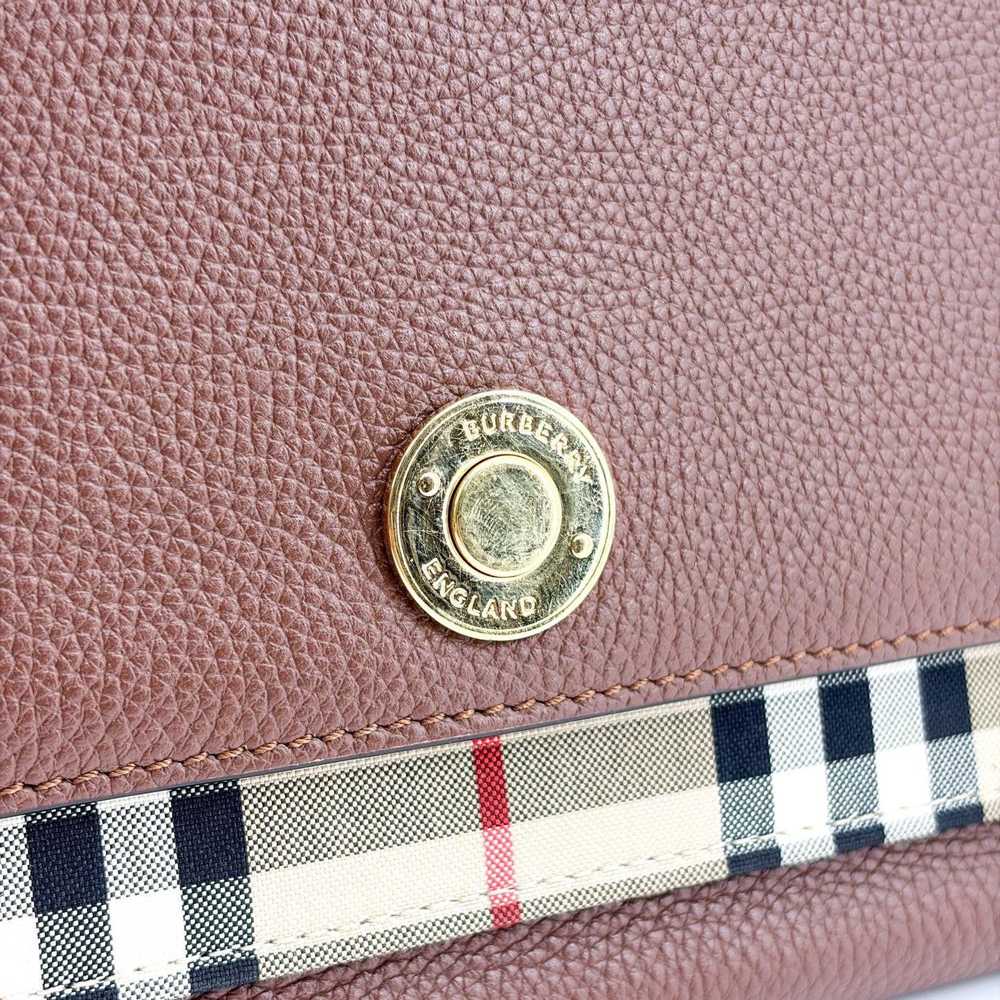Burberry Small Grainy Leather Vintage Check Note Bag Brown