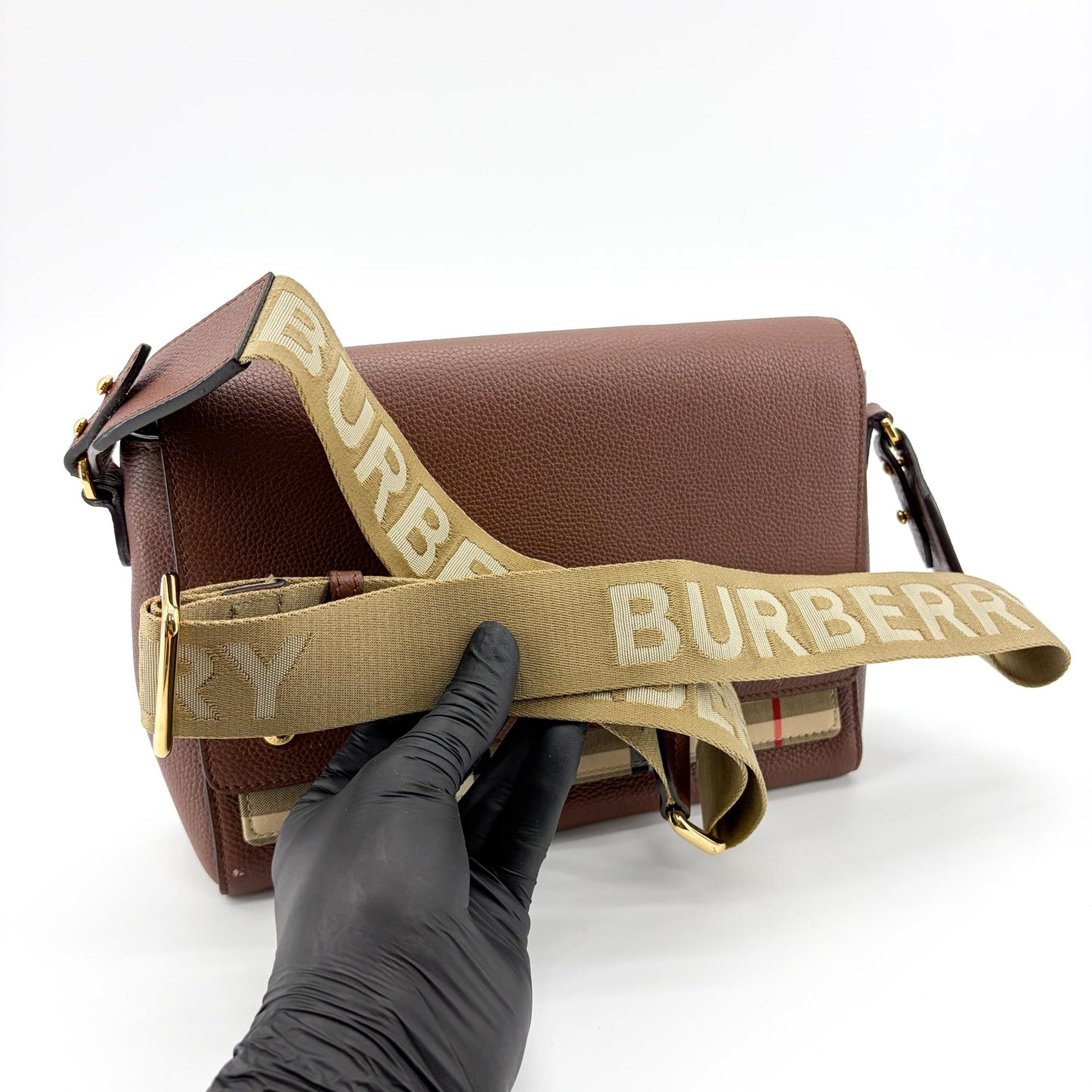 Burberry Small Grainy Leather Vintage Check Note Bag Brown