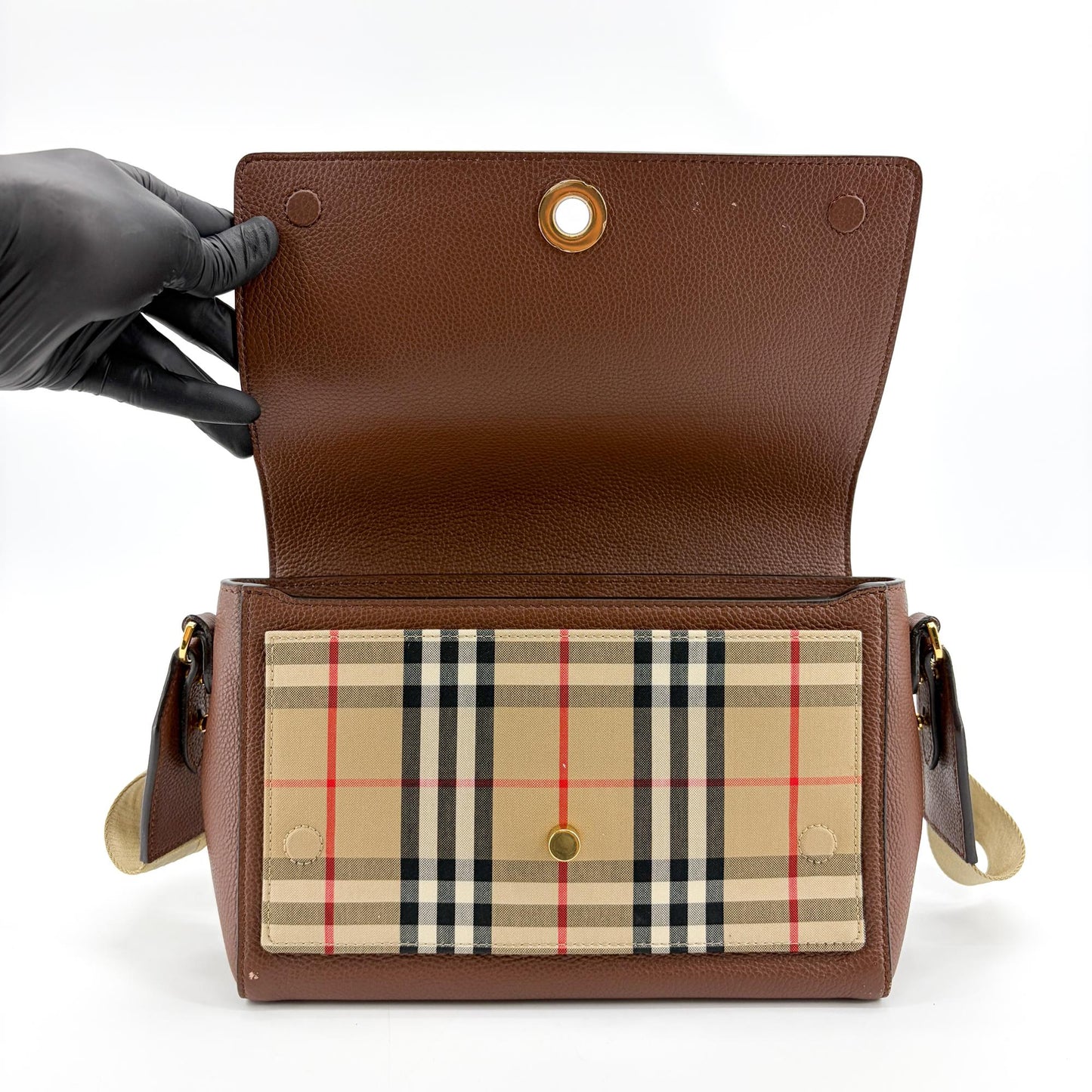 Burberry Small Grainy Leather Vintage Check Note Bag Brown