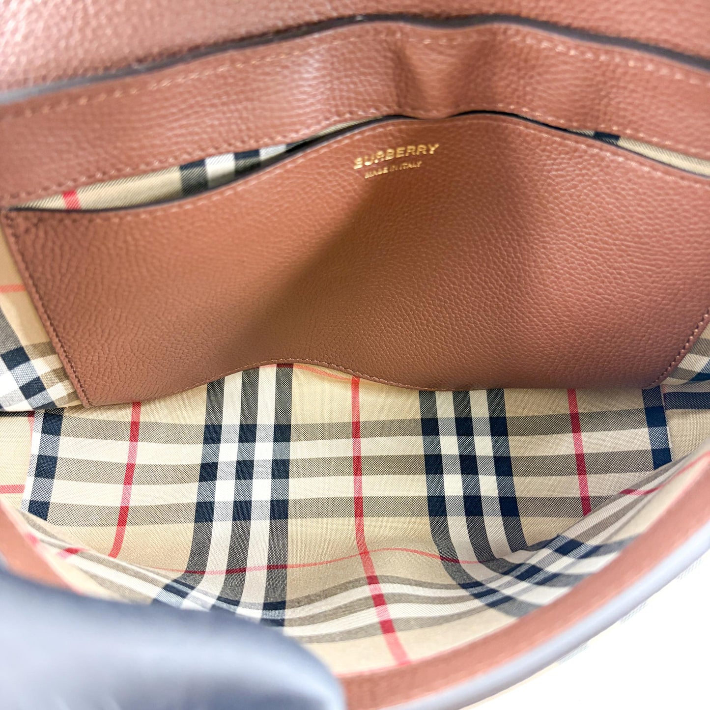Burberry Small Grainy Leather Vintage Check Note Bag Brown