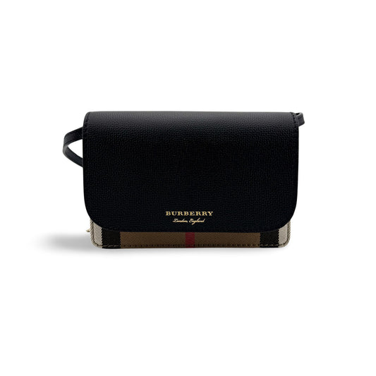 Burberry Hampshire House Check Leather Crossbody Bag Black