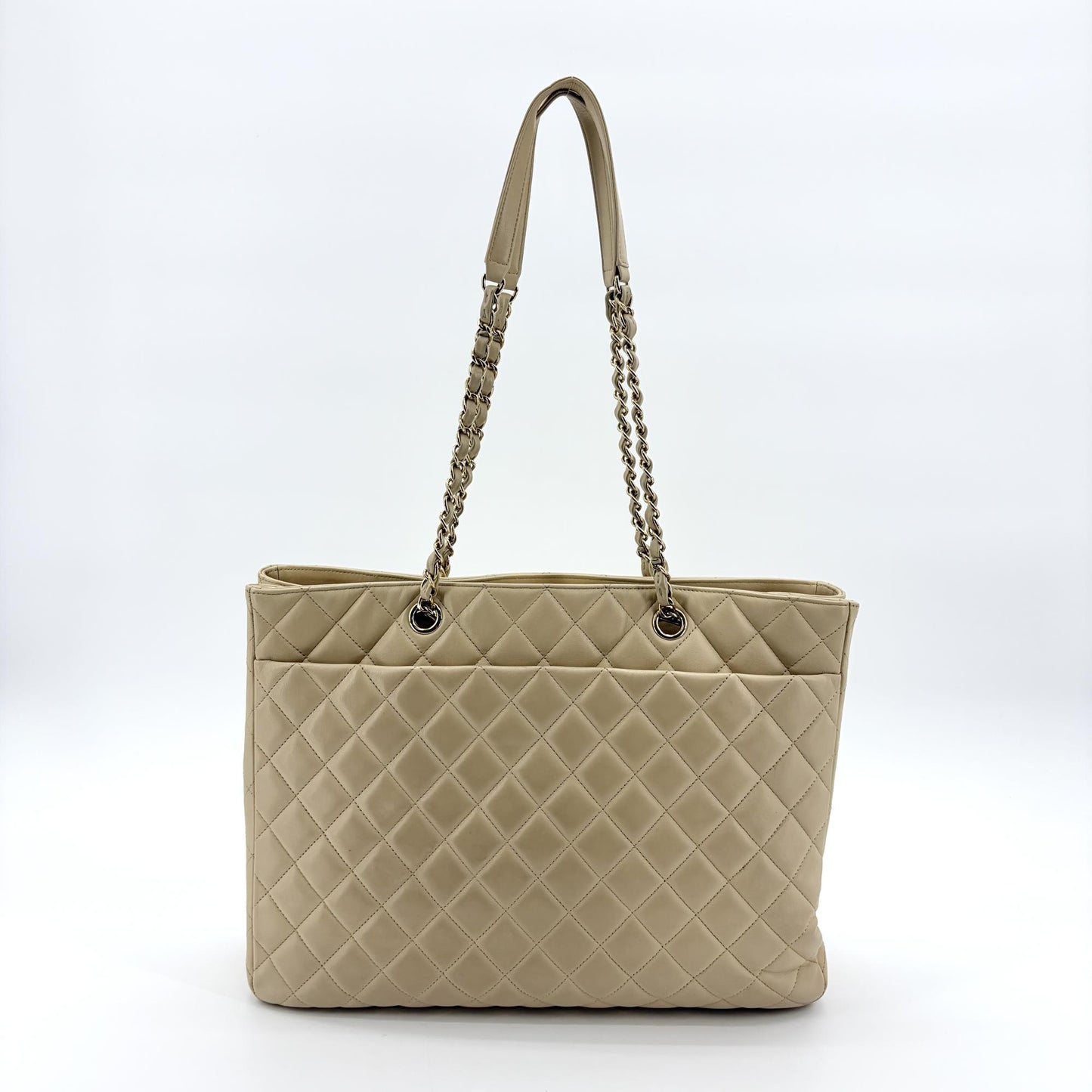 Chanel Quilted Chain Shoulder Tote Bag Beige Lambskin Gold Hardware