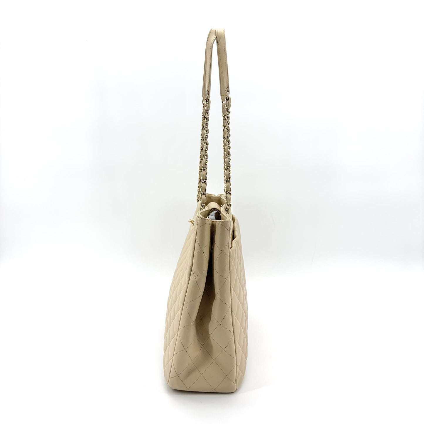 Chanel Quilted Chain Shoulder Tote Bag Beige Lambskin Gold Hardware