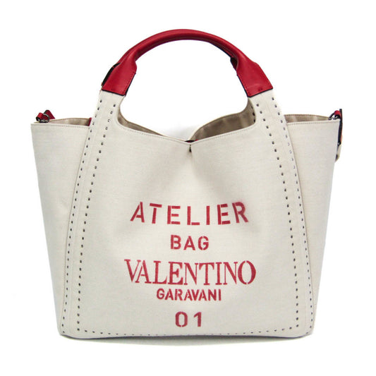 Valentino Garavani Atelier Leather Canvas Shoulder Tote Bag Red White