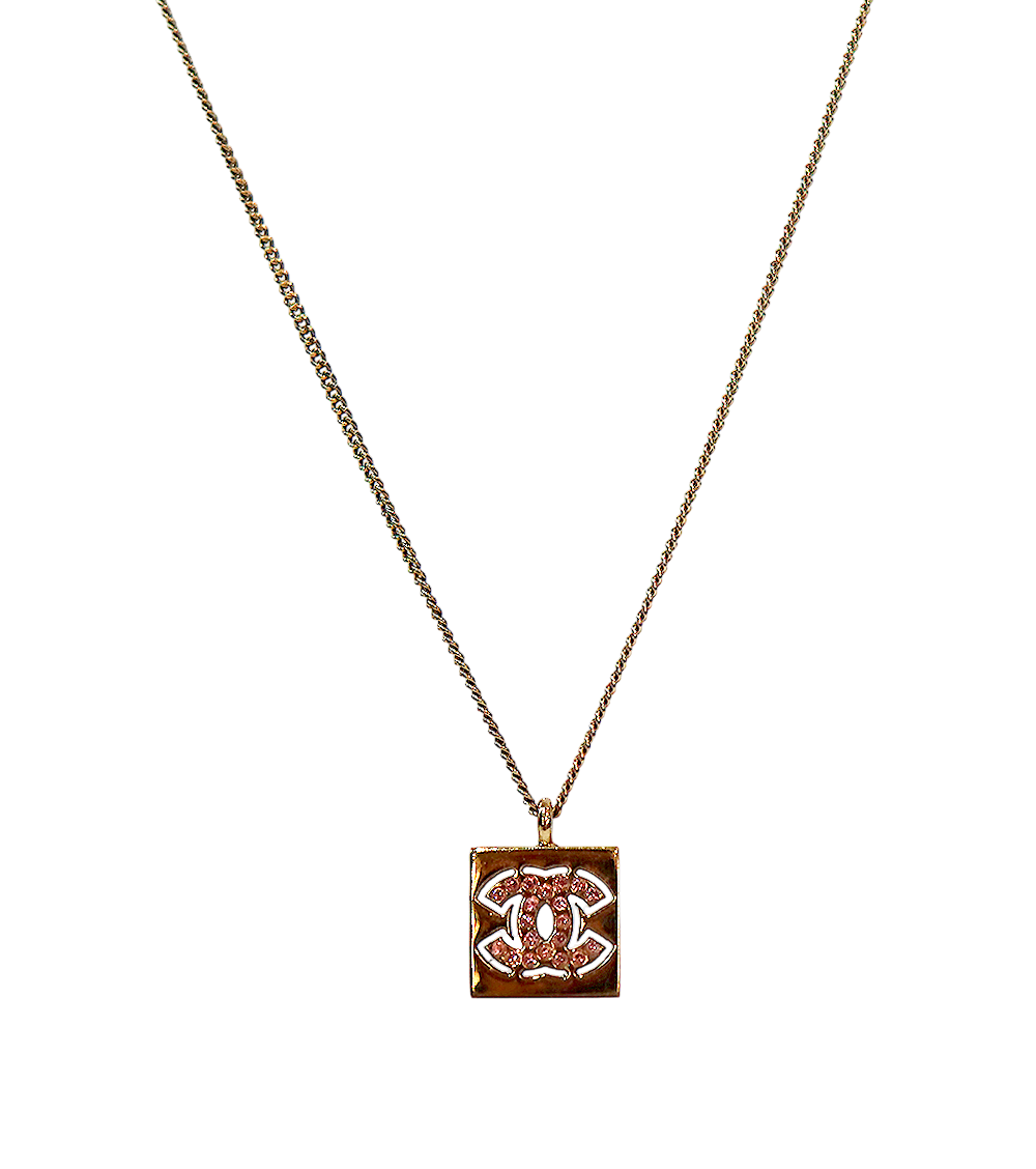 Chanel Pink Cubic Square CC Gold Necklace