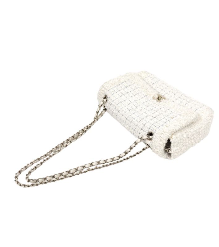 Chanel White Tweed CC Flap Chain Shoulder Bag