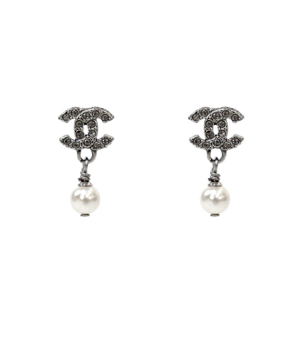 Chanel Pearl Drop Cubic CC Silver Earrings